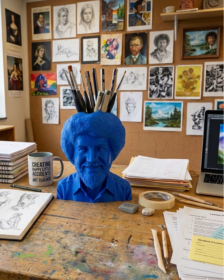 Bob Ross Pencil Holder on an art teachers desk- Happy Box Designs
