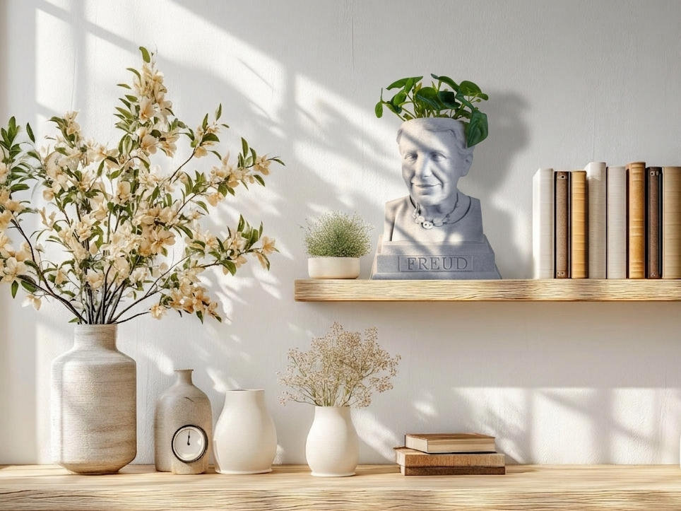 White Marble Anna Freud Bust Planter on book self by Happy Box Designs