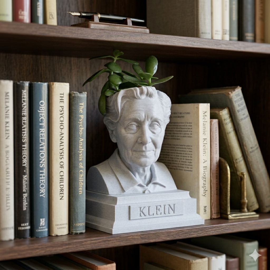 White Marble Melanie Klein Bust Planter on book shelf by Happy Box Designs