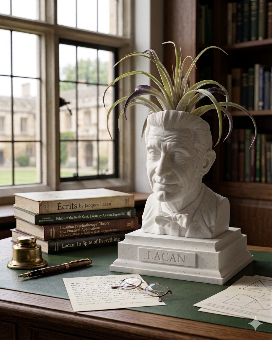 White Jacques Lacan Bust Planter on desk by Happy Box Designs